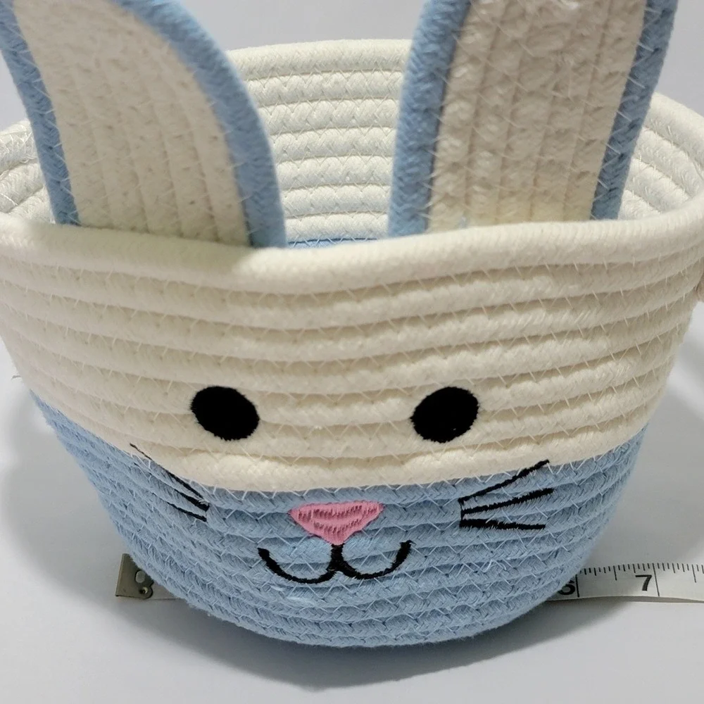 Blue White Woven Cotton Rope Bunny Easter Basket Embroidered Face 3D Ears 6in